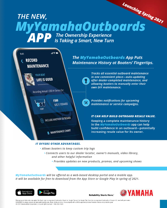 Yamaha outboards app promotional flyer.