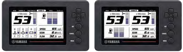 Yamaha digital gauge display showing speed and flow.