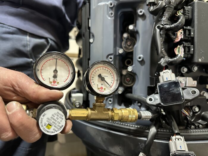 Pressure gauges on an engine's component.