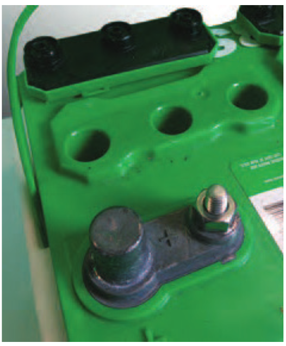 Close-up of a green battery terminal.